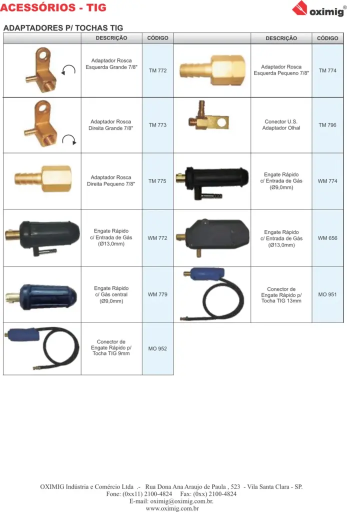 Ficha técnica Adaptadores e Conectores para Tochas TIG