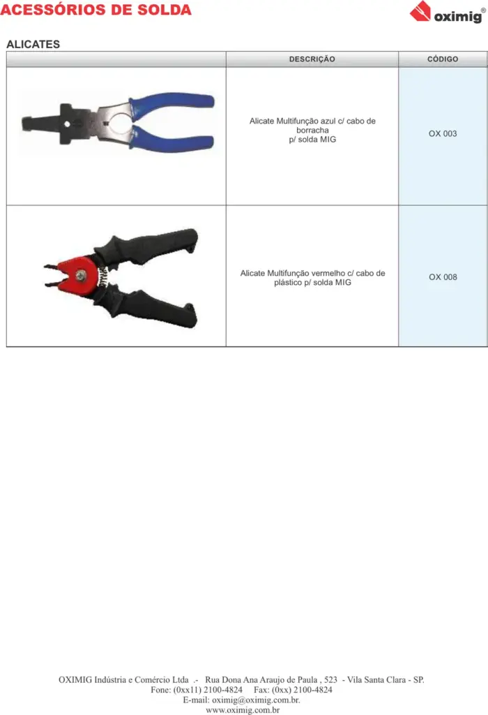 Ficha técnica Alicate Multifunção para Solda MIG