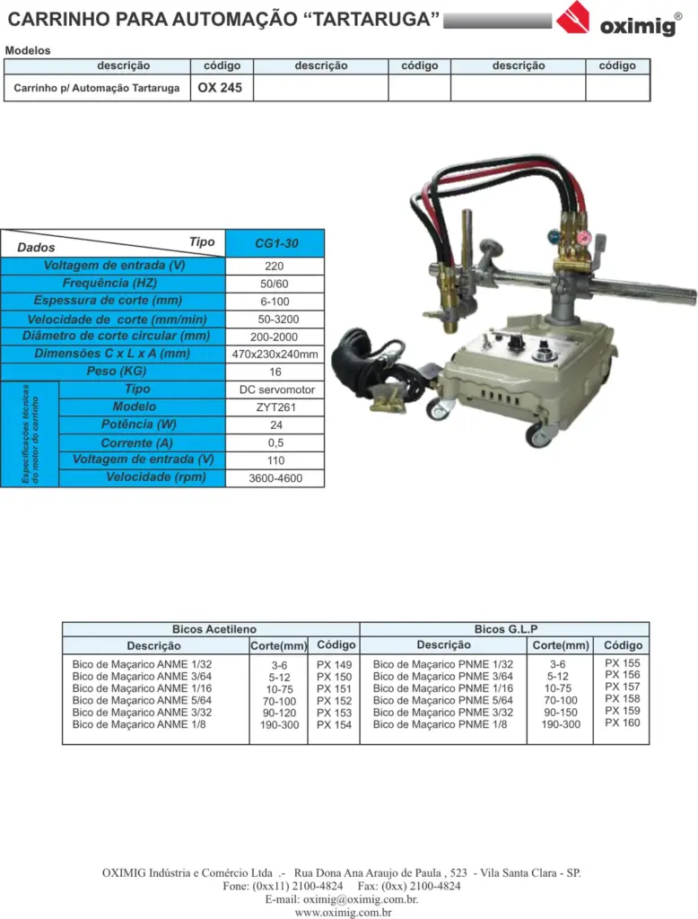 Ficha técnica Carrinho de Oxicorte Automático “Tartaruga” CG1-30
