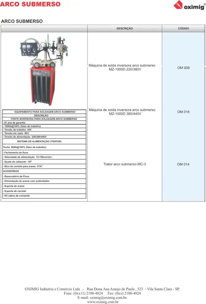 Ficha técnica Máquina de Solda Arco Submerso MZ-1000D