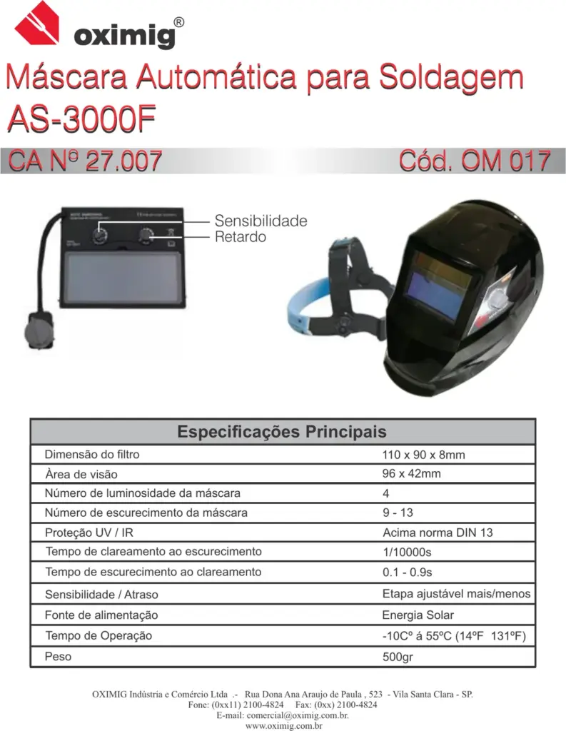 Ficha técnica Máscara de Solda Automática AS-3000F (OM 017)