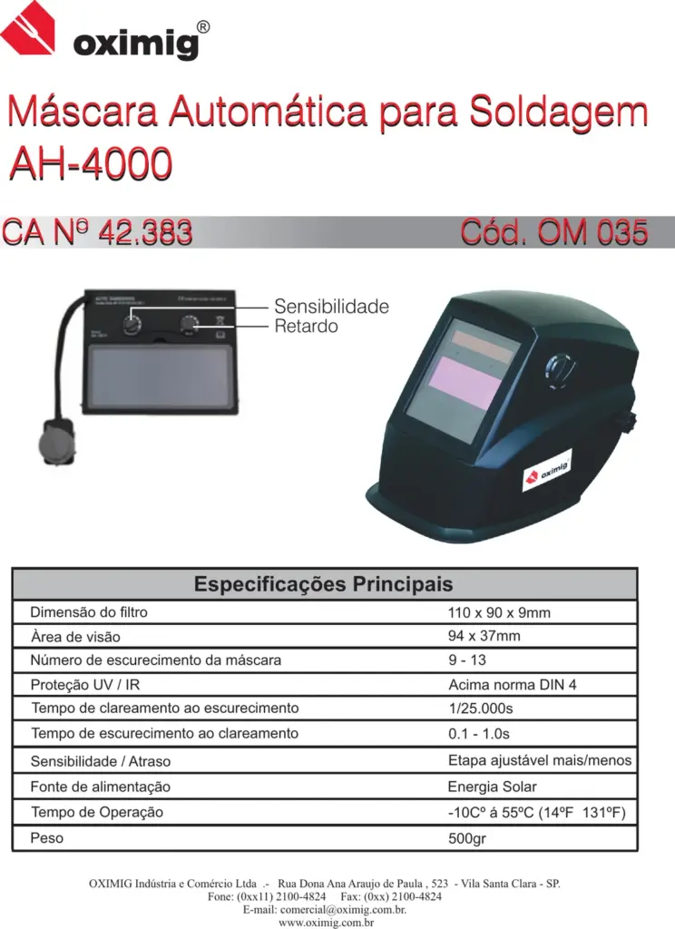 Ficha técnica Máscara de Solda Automática AH-4000 (OM 035)