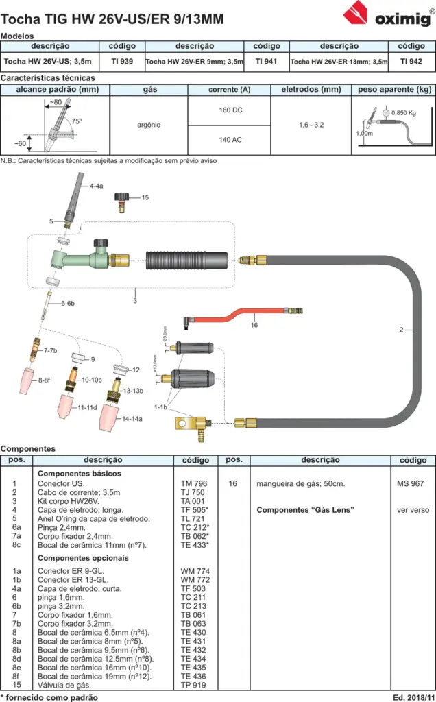 Ficha técnica Tocha TIG HW 26 V-US / ER 9-13 — página 1